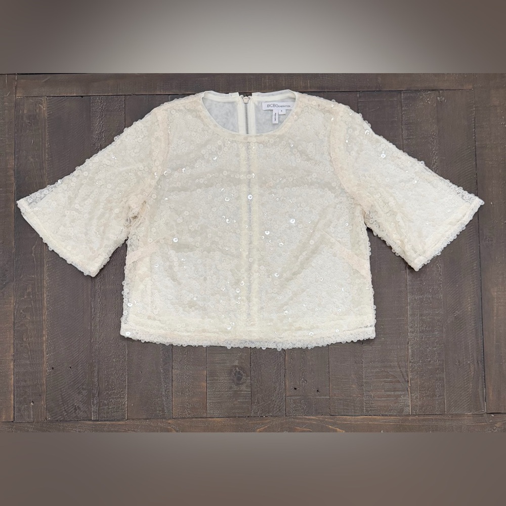 BCBGeneration Ivory Sparkling Sequin Elegant Party Top Size S Wedding Party